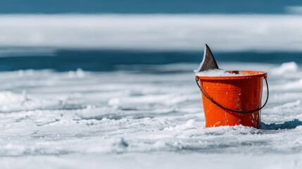 Orange bucket with a big fish tail on a frozen lake during ice fishing. Winter leisure activity and catch concept