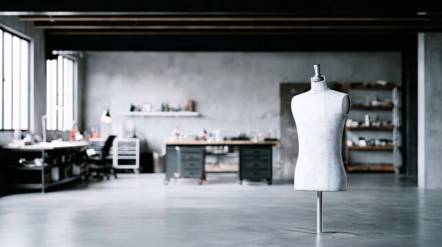 Mannequin standing in a minimalist fashion design studio workshop with industrial interior