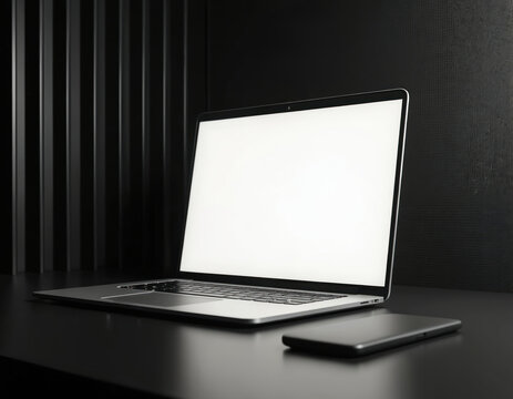 Laptop with blank white screen. Modern cellphone rests next to it. Dark background. Mockup template can be used for promo, banner, advertising. Tech digital device for business presentation.