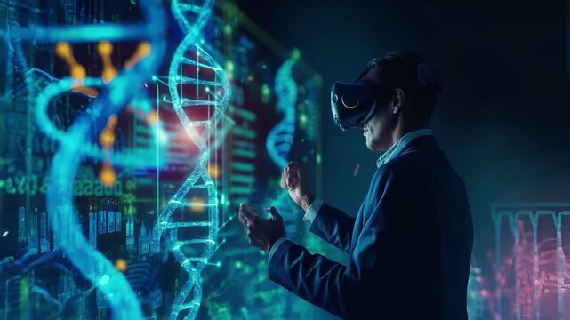 A man in a lab coat and virtual reality headset is interacting with a digital screen displaying a sequence of DNA strands.