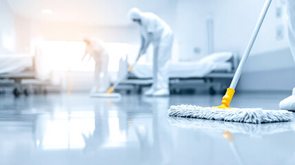 Healthcare workers in PPE cleaning and sanitizing hospital ward floor, preparing for new patients