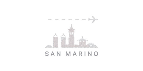 Obraz premium San marino city skyline travel concept, airplane and dotted flight path outline icon