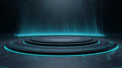 Illuminated stage platform with blue light beam against dark background.