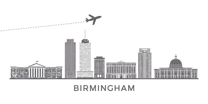 Birmingham alabama city skyline vector line art illustration with airplane flying above city scene