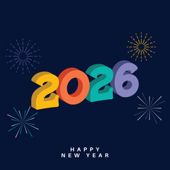 Happy New Year 2026 Colorful Typography with Fireworks on Dark Background