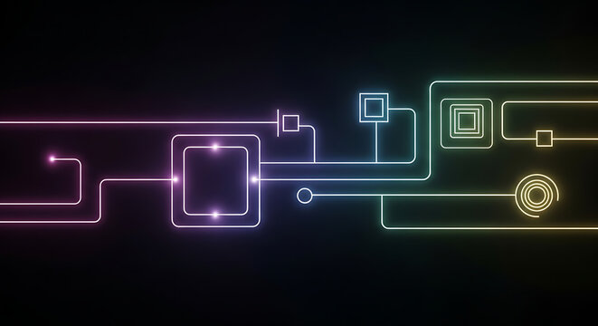 Electronic Circuit Board with Glowing Neon Lines and Geometric Shapes Abstract Technology Background High Tech Connection and Data Transfer