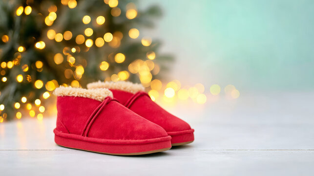 Red uggs style slippers on a wooden floor, celebrating Christmas and holiday comfort with festive lights