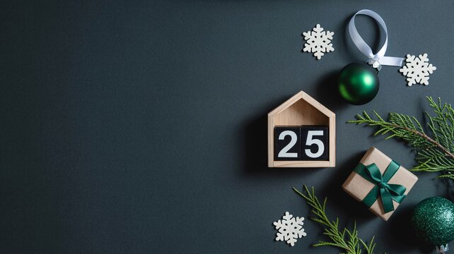 Christmas Flat Lay with December 25 Calendar, Gift Box, Ornaments, and Greenery on Dark Background