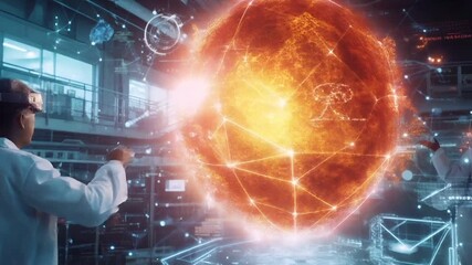 A man in a white lab coat is interacting with a digital interface. He is wearing a virtual reality headset and is surrounded by a complex network of lines and dots. - Powered by Adobe