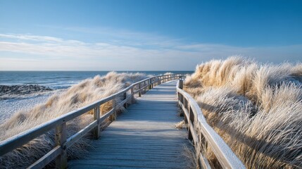 Frosty Wooden Boardwalk Through Coastal Dunes to the Winter Sea. AI generative