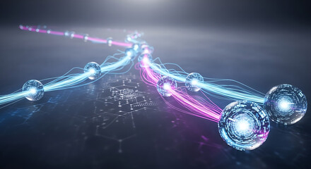 Futuristic Data Stream Connection Concept with Glowing Spheres and Flowing Lines on Dark Background Displaying Communication and Innovation