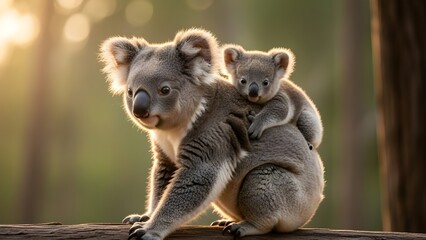 Obraz premium Koala mother carrying baby on her back