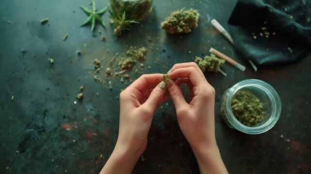 Marijuana cannabis topic concept. A persons hands delicately hold a cannabis bud against a dark, textured backdrop. The scene is devoid of any discernible text or additional elements.
