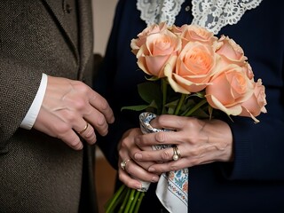 Elderly couple exchange peach roses in close up detail