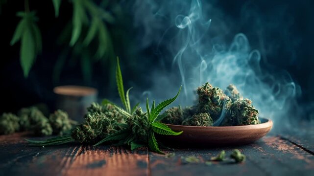 Marijuana cannabis topic concept. cannabis buds in a wooden bowl with smoke, set against a dark, moody background with a hint of green foliage. The scene is illuminated by a soft.