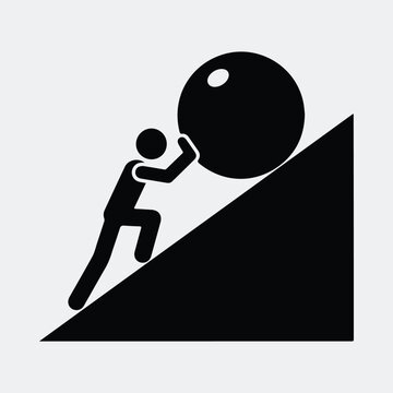 Silhouette man pushing a rock uphill obstacle success concept vector illustration