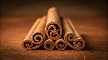 Closeup of aromatic cinnamon sticks stacked on a wooden surface