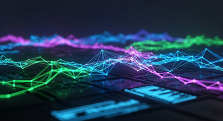 Abstract futuristic network structure with connected dots and polygonal lines in geometric shapes on dark background depicting digital technology