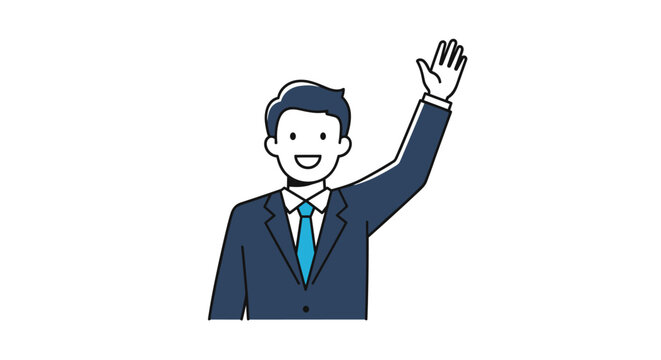 A friendly businessman in a suit smiles and waves, making a greeting or farewell gesture in a simple, flat design style.
