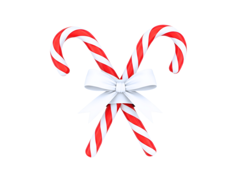 Two candy canes tied with a white bow isolated on transparent background
