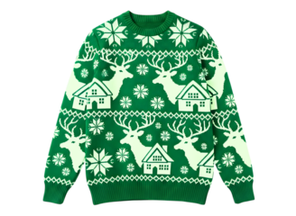 Green christmas sweater with reindeer and snowflake pattern isolated on transparent background