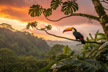 Naklejka premium Colorful Toucan Perched on a Tree Branch During a Vibrant Sunset in the Jungle