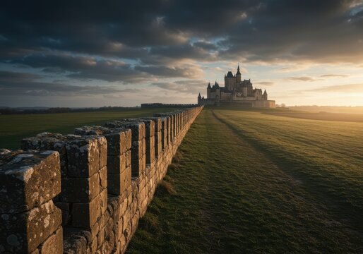 Ancient stone defensive wall stretching across the frame, leading the eye toward a majestic medieval castle standing isolated in the far distance ,security, massive, foreground