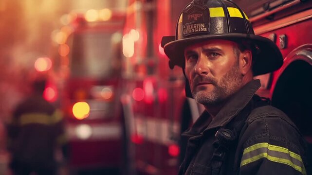 A closeup of a firefighter in front of a fire truck. The firefighters face is partially visible, revealing a beard and mustache. He wears a firefighters helmet with a logo on it.