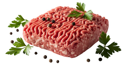 Fresh raw ground beef with peppercorns and parsley, isolated on transparent background