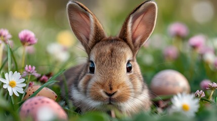 A small fluffy brown rabbit sits calmly amidst vibrant flowers and decorated Easter eggs in a sunlit meadow. It enjoys the warm spring day surrounded by nature.