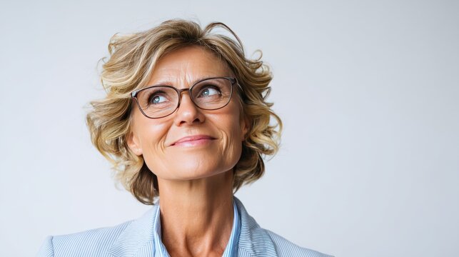 Curly haired woman wearing glasses gazes thoughtfully upwards in a well lit space. She appears to be reflecting on something important with a gentle smile on her face. - Powered by Adobe