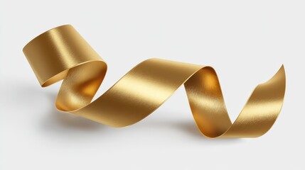 Elegant Golden Ribbon Curl on White Background, Studio Lighting, Isolated Object.