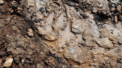 Textured Ground with Wet Soil, Stones, and Muddy Water Puddles in Natural Environment