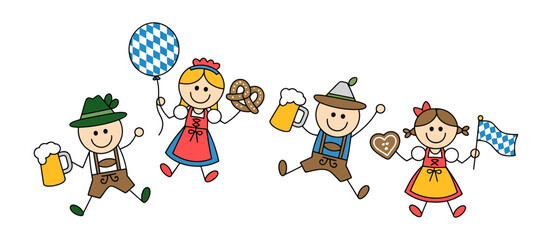 Cheerful hand-drawn stick figures celebrating oktoberfest. a joyful cartoon of bavarian boys and girls in traditional attire with beer and pretzels.