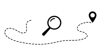 Searching for a destination, discovery, or tracking a path. magnifying glass icon, dotted line route, and map pin location symbol.