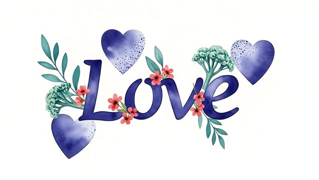 Watercolor love text with blue heart and floral decoration