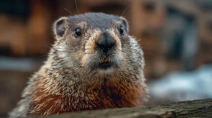 Fototapeta premium A small groundhog stands on a wooden fence looking curiously ahead. The scene captures the spirit of early spring with bright sunlight and hints of greenery in the background.