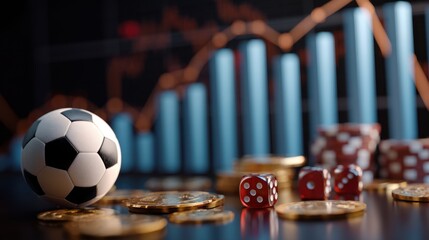 Soccer ball dice and casino chips are arranged on a table. Financial charts in the background show trends representing the world of sports betting and gambling.