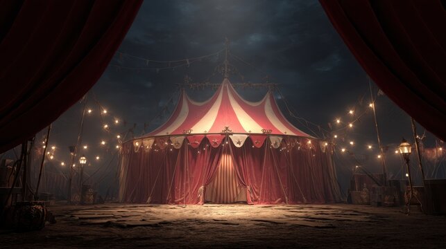 A vibrant circus tent stands under a nighttime sky decorated with bright colors and strings of lights. The surrounding area is dimly lit but full of excitement and anticipation.