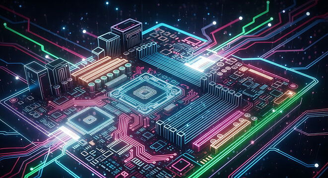Neon Circuit Board Concept Electronic Motherboard Integrated Circuit System Hardware Technology Components Engineering Artificial Intelligence - Powered by Adobe