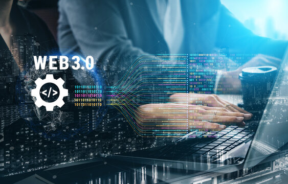 The concept of Web 3.0 development and decentralized data processing. The flow of binary code and information in the next generation internet. Motif