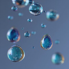 Naklejka premium Luminous Aqua Orbs - A Serene Macro Dance of Suspended Water Droplets.