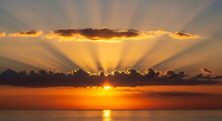 Golden Sunset with Rays of Light Shining Through the Clouds over the Sea Orange Sky Reflections on Water Evening Atmosphere Natural Phenomenon