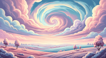 Surreal Pastel Landscape with Swirling Clouds and Gentle Hills Dreamlike Scene with Soft Colors and Flowing Sky Peaceful Nature Illustration