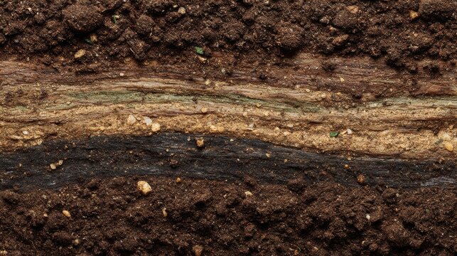Fototapeta Detailed Cross-Section of Soil Layers Displaying Rich Earthy Tones, Organic Material, and Mineral Deposits in Natural Environment