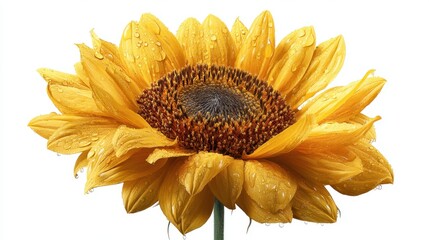 A vibrant sunflower displays its large yellow petals glistening with water droplets. The flower stands tall against a bright background symbolizing summer and warmth.