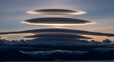 Striking Lenticular Cloud Formation Stacked Above Mountain Range and Lake Reflecting Early Morning Light in an Atmospheric Natural Phenomenon