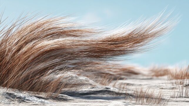 Close-Up of Windswept Hair-Like Grass on Rocky Surface Under Clear Sky with Soft Focus Background and Textures Highlighting Natural Beauty and Movement - Powered by Adobe