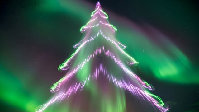 Surreal Christmas tree formed by glowing green and purple Aurora Borealis lights in a starry night sky