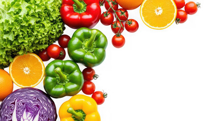 Fresh assortment of colorful vegetable and fruit border isolated on transparent background